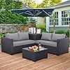 Outdoor PE Wicker Patio Furniture Set 4 Piece Black Rattan Sectional Loveseat Couch Set Conversation Sofa with Storage Box Glass Top Table and Non-Slip Grey Cushion