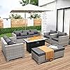 WAROOM Outdoor Patio Furniture Set Grey Wicker 7 Piece Couch Sets Conversation Chairs PE Rattan Sectional Sofa with 45" Fire Pit Table, Grey Cushion and Furniture Cover