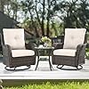 HUMMUH 3-Piece Swivel Rocking Rattan Chair Outdoor, Patio Bistro Furniture Conversation Set, Cushioned Wicker Chair with Glass Coffee Table(Brown, Beige)