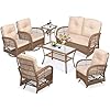 MEETWARM 7 Pieces Outdoor Patio Rattan Furniture Sets, All Weather Patio Wicker Conversation Set- 2 Rocking Glider, 2 Swivel Chairs, 1 Loveseat Glider with Cushions, 2 Glass-Top Coffee Table, Beige