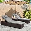 Outdoor PE Wicker Chaise Lounge Set, Patio Lounge Chairs, Outside Poolside Lounger Furniture Set of 3, Brown Rattan Recliners with Adjustable Backrest, Grey Cushions, and Storage Table