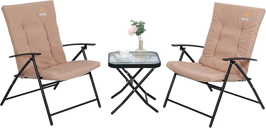 Nice C Patio Table and Chairs Set, Bistro Table and Chairs, Outdoor Table and Chairs, Bistro Set of 2, Garden Furniture Table Set, Glass Table and 2 Folding Chairs (Nude-3 Piece)