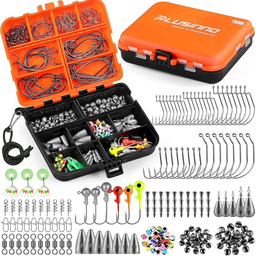 PLUSINNO 201pcs Fishing Accessories Kit, Fishing Tackle Box with Tackle Included, Fishing Hooks, Fishing Weights, Round Split Shot，Fishing Gear for Bass, Trout, Catfish