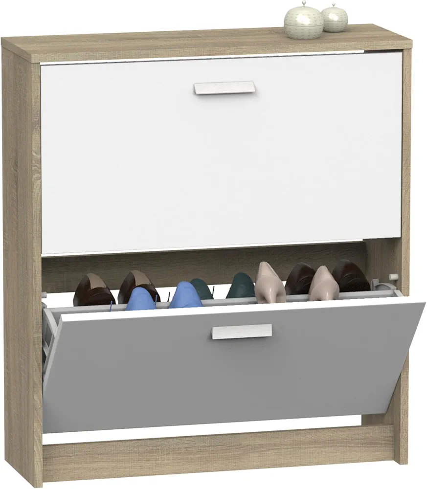 MUEBLES PITARCH | Zapatero Recibidor Mueble Auxiliar Estrecho 2 Puertas para Entrada Blanco y Roble Cambrian, 12 Pares de Zapatos, 82x74x25cm, Colección Tibet