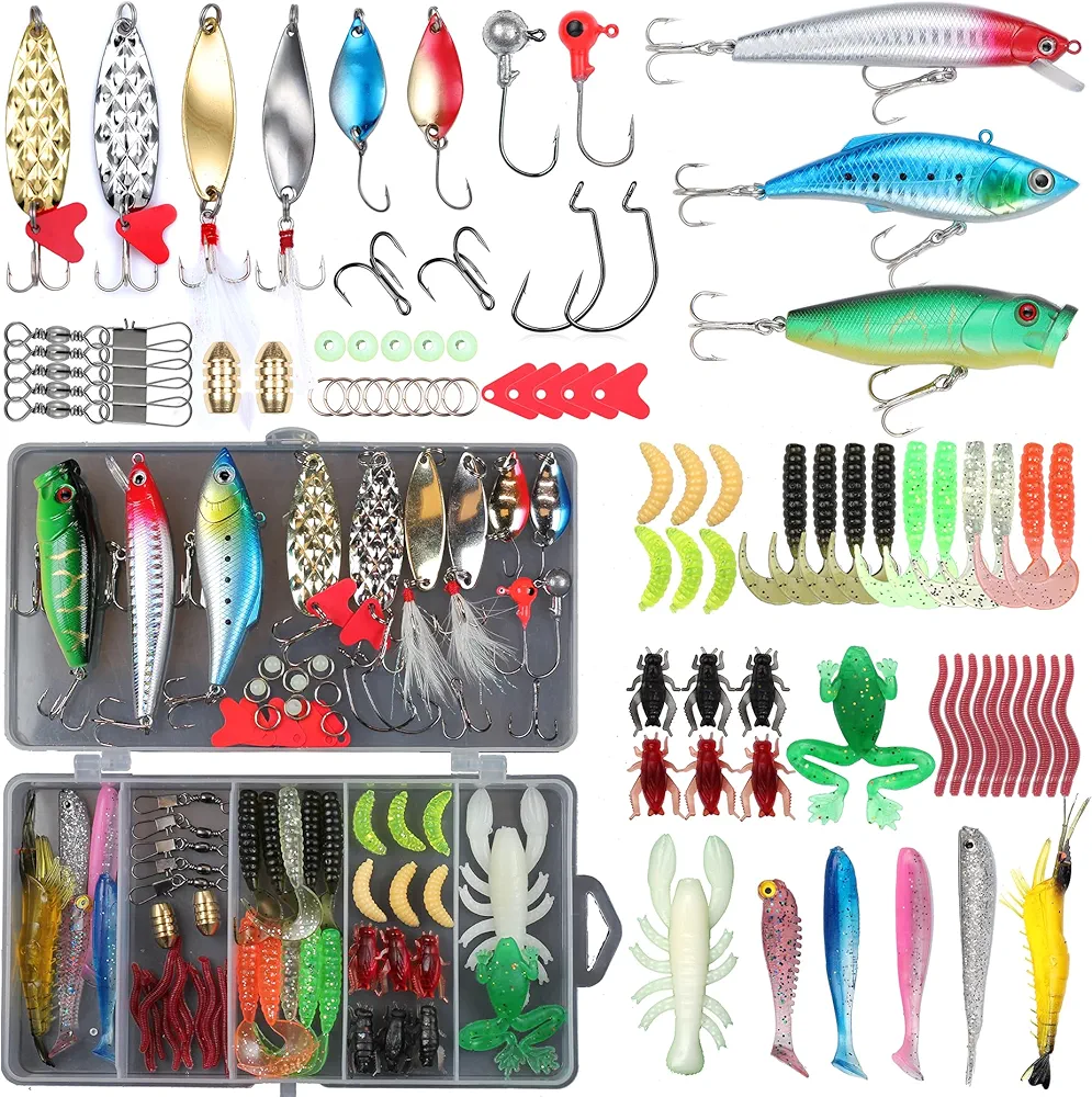 Fishing Lures Set Fish Lure kit for Bass Trout Salmon Freshwater Fish Tackle kit Including Plastic Shrimp Worm Bait Spoon Grasshopper Crankbait Jigs Hooks Fishing Gear and Equipment