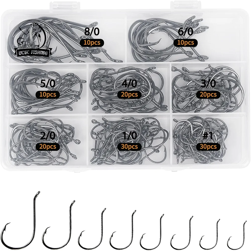 UCEC Circle Hooks Fishing Hooks 2X Strong Offset Circle Hooks Saltwater Black High Carbon Steel Octopus Catfish Fishing Hooks Fishing Gear Tackle 150pcs/ 240pcs - Size:#1 1/0 2/0 3/0 4/0 5/0 6/0 8/0