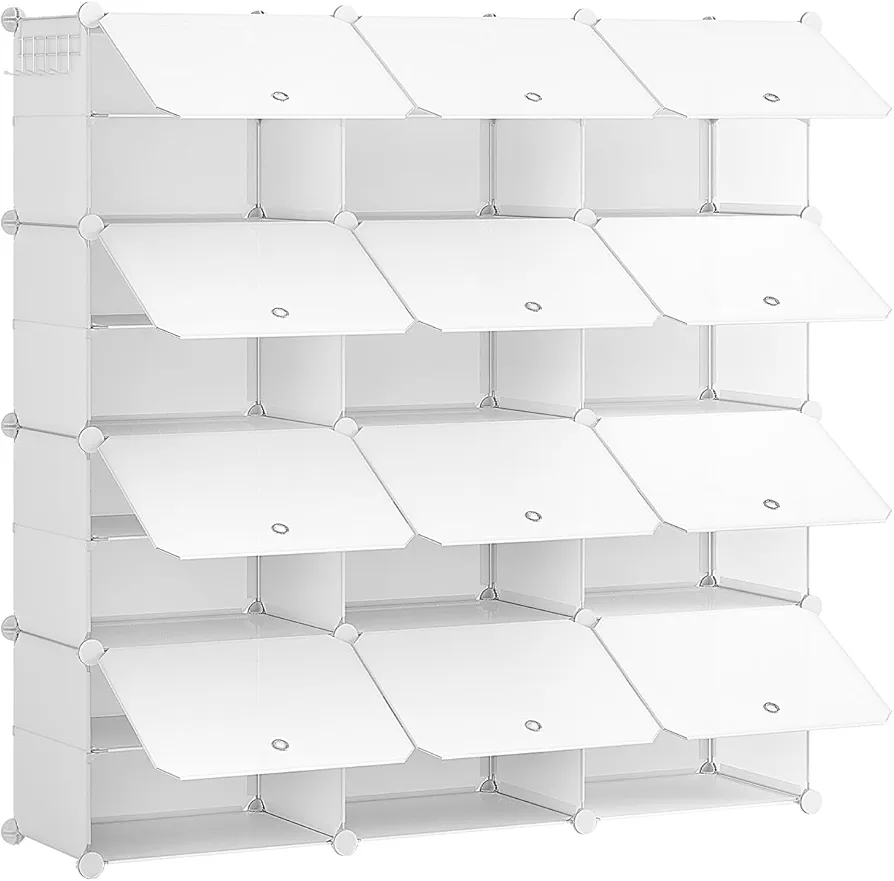 HOOBRO Mueble Zapatero, 12 Compartimentos, Modular Zapatero, Estantería de Plástico, Cajas DIY, con Puerta, con Martillo, para Salón, Dormitorio, Pasillo, Entrada, Dormitorio, Blanco EWT38SC01G1