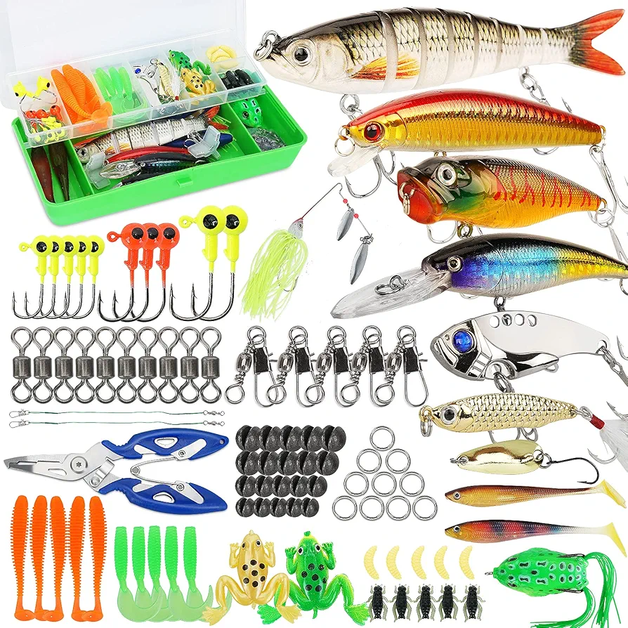 Fishing Lures Tackle Box Bass Fishing Kit Including Animated Lure,Crankbaits,Spinnerbaits,Soft Plastic Worms, Topwater Lures,Hooks,Saltwater & Freshwater Fishing Gear for Bass,Trout, Salmon.