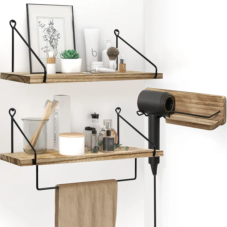 SUMGAR Estantería de Pared de Madera con Toallero y Secador de Pelo, Estante Flotante de Metal en Juego de 3, Organizador Colgante para Cocina, Baño, Oficina y Dormitorio