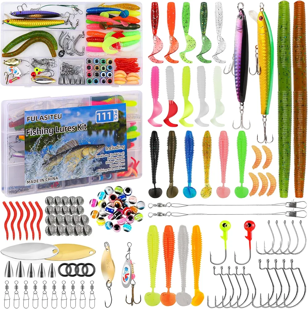 111PCS Fishing Lures Kit with Tackle Box for Bass Trout Salmon,Freshwater Bait Tackle Kit Included Crankbaits Spoon Hooks Weights and Other Fishing Accessories,Men's Fishing Lure Gear Set Gifts