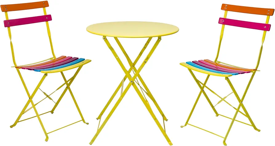 Alpine Corporation Indoor/Outdoor 3-Piece Bistro Set Folding Table and Chairs Patio Seating, Rainbow