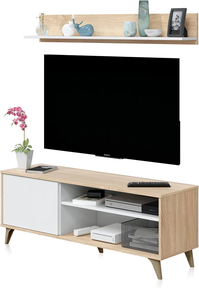 Habitdesign Modulo TV con Estante, Mueble de Salon, Juego de Muebles, Modelo Kikua Plus, Acabado en Blanco Artik y Roble Canadian, Medidas: 135 cm (Ancho) x 50 cm (Alto) 40 cm (Fondo)