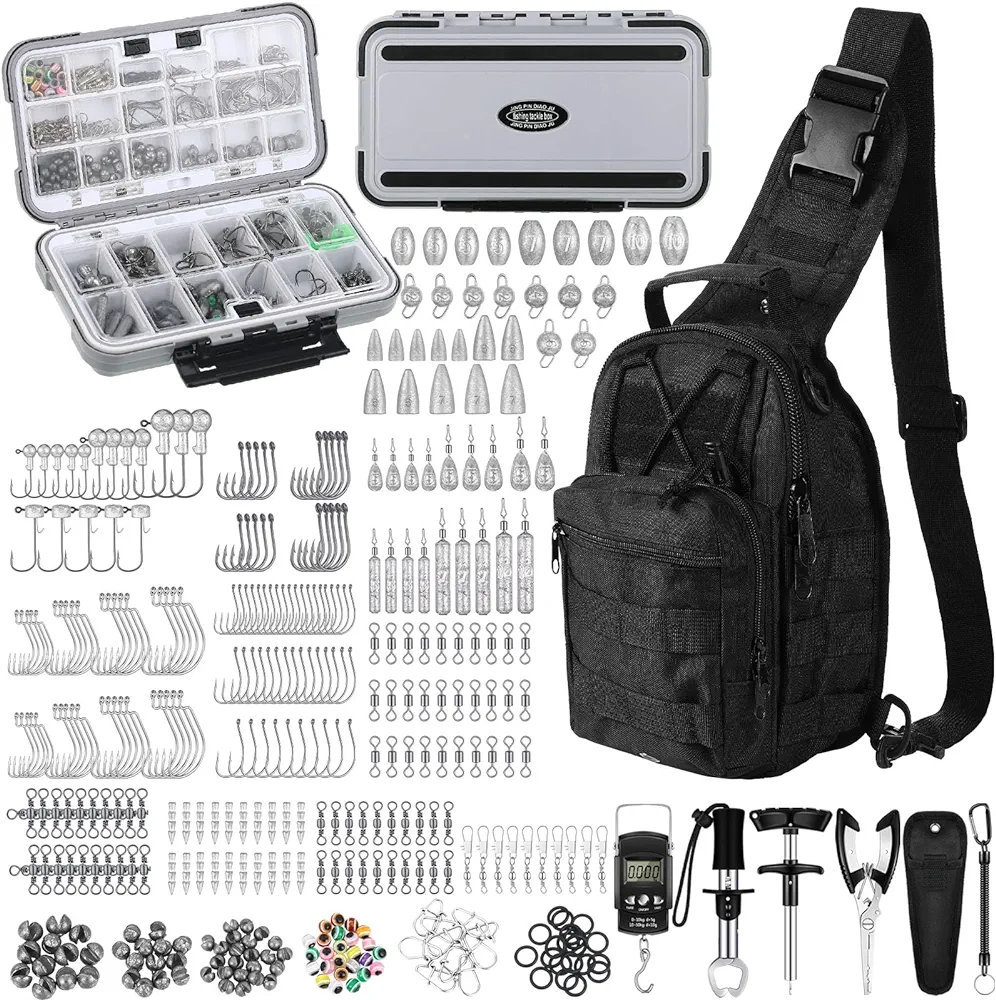 397 Pcs Fishing Tool Kit Fishing Accessories Kit Include Fishing Backpack Fishing Tackle Box with Fishing Hooks Fishing Weights Sinkers Spinner Blade Fishing Gear