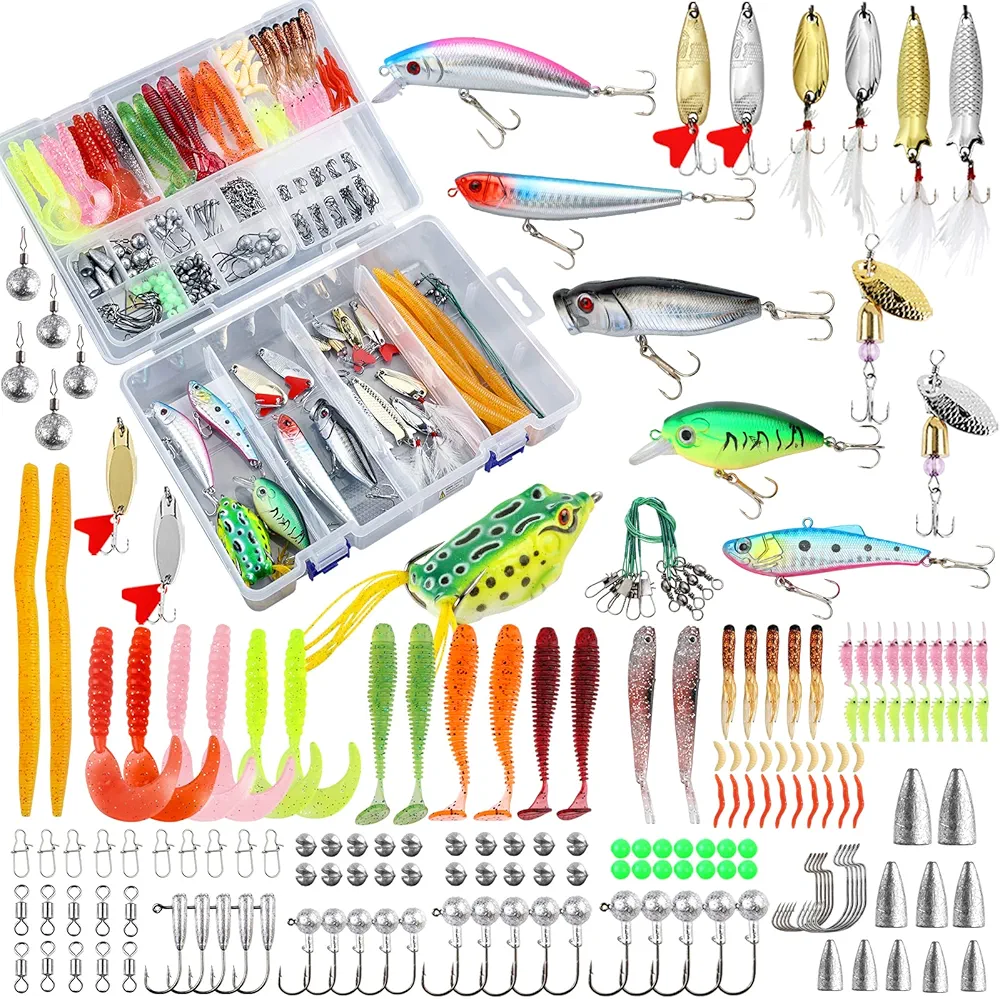 327PCS Fishing Tackle Lures Bait Kit Set Fishing Tackle Box with Tackle Included Fishing Gear, Fishing Lures, Worm, Spinner, Spoon, Hook for Freshwater Bass Trout Fishing Gifts for Men