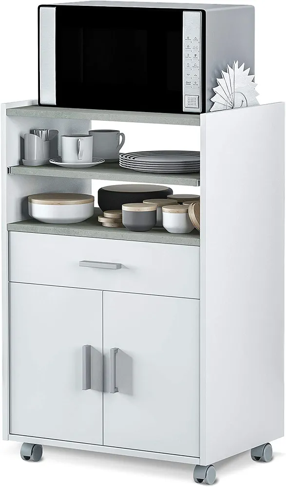 Habitdesign Mueble Auxiliar de Cocina con Ruedas, Mueble Microondas, Armario con 1 Cajón y 2 Puertas, Acabado en Blanco Artik y Cemento, Medidas: 59 cm (Ancho) x 92 cm (Alto) x 40 cm (Fondo)