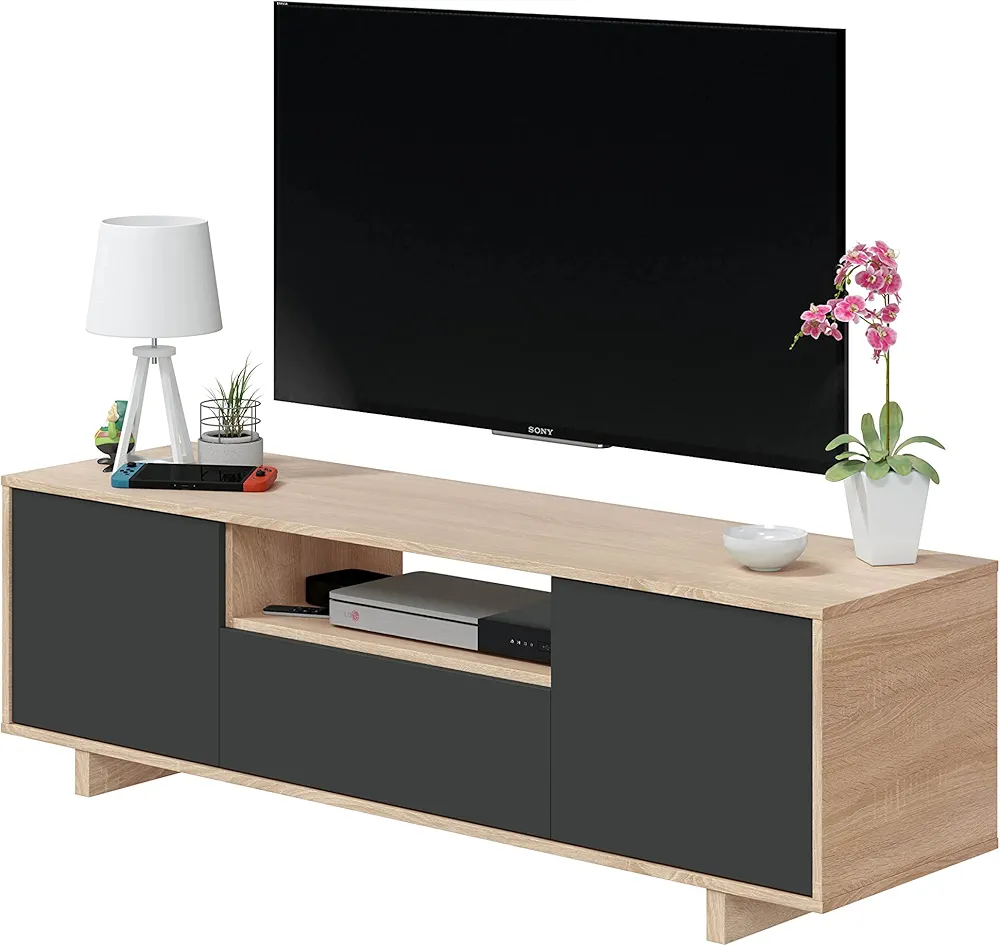 Habitdesign Modulo TV, Mueble de Salon, Juego de Muebles, Modelo Zaira, Acabado en Roble Canadian y Gris Antracita, Medidas: 150 cm (Ancho) x 46 cm (Alto) 41 cm (Fondo)