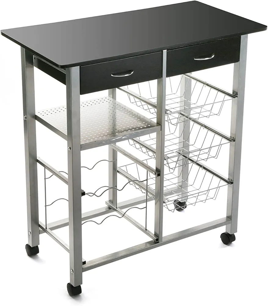 Versa Leicester Carro de cocina con ruedas, cajones y botellero, Verdulero con despensa y organizadores, Almacenaje de cocina, Medidas (Al x L x An) 82 x 40 x 76 cm, Madera y Metal, Color Negro