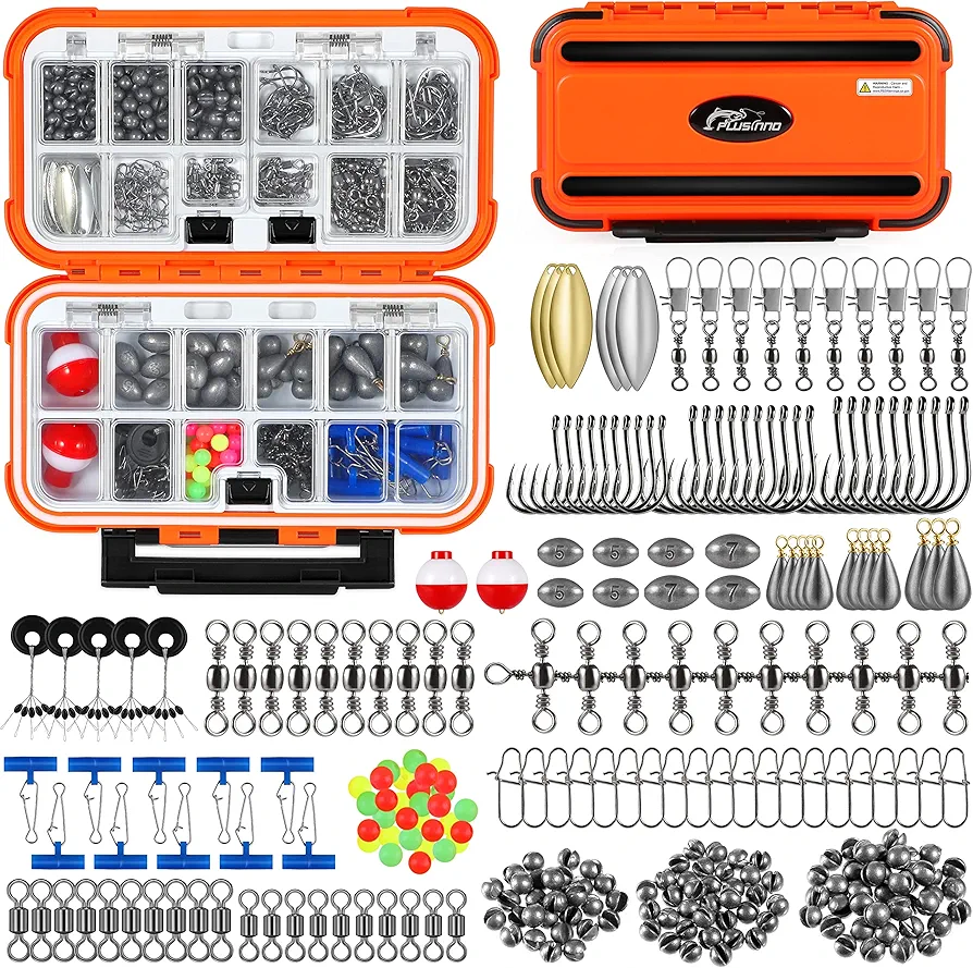 PLUSINNO 253pcs Fishing Accessories Kit, Fishing Tackle Box with Tackle Included, Fishing Hooks, Fishing Weights Sinkers, Spinner Blade, Fishing Gear for Bass, Bluegill, Crappie, Fishing