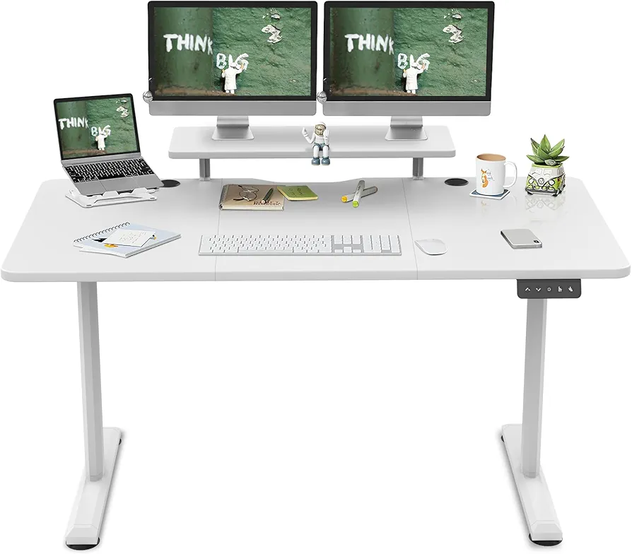 TRIUMPHKEY 160x70cm Escritorio Elevable Eléctrico Standing Desk con Estantes para Monitor Mesa Elevable Escritorio en Altura Estante de Almacenamiento Home Office Tablero de Empalme Blanco