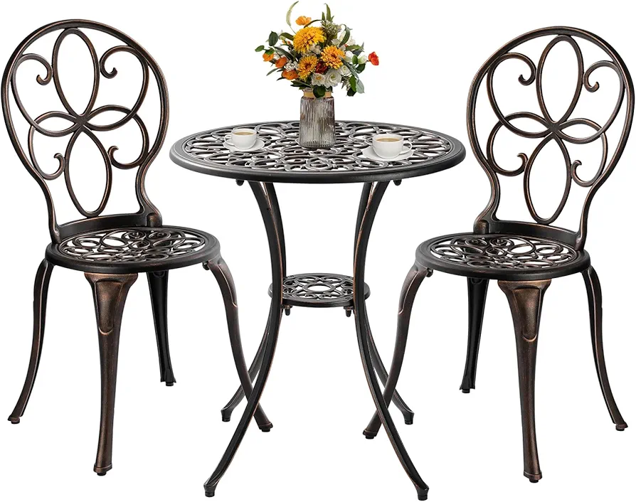 Patio Bistro Sets 3 Piece, Outdoor Bistro Table and Chairs Set of 2 with Umbrella Hole, Cast Aluminum Bistro Set, Patio Furniture for Yard Garden Porch, Bronze