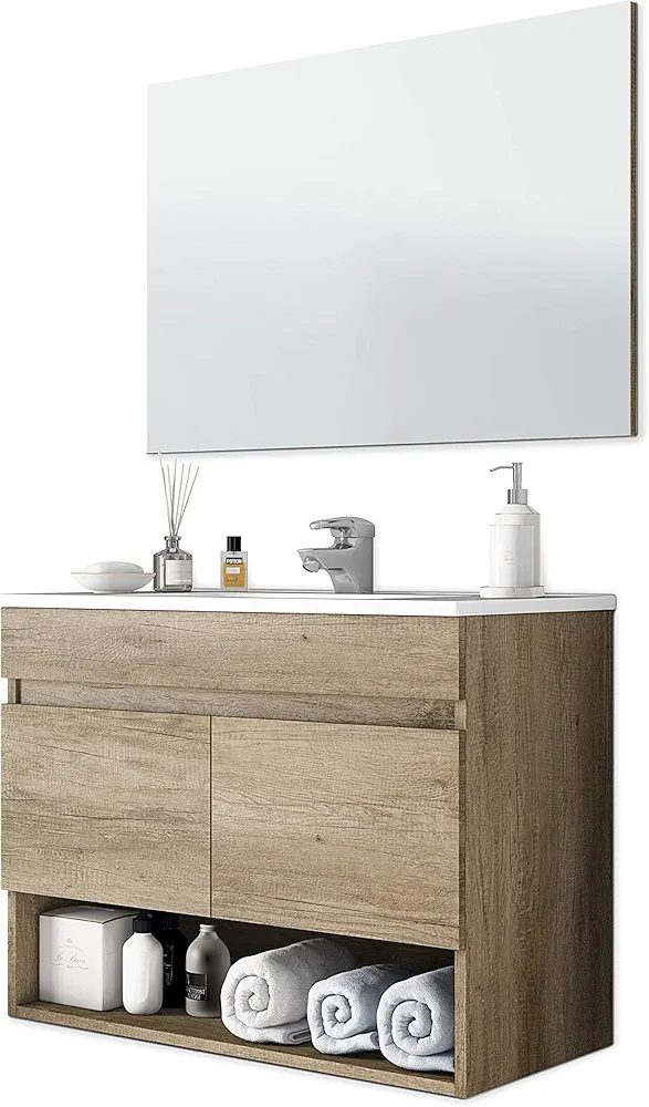 ARKITMOBEL Mueble de Baño Suspendido con 2 Puertas y Espejo, Modulo Colgante, Modelo Cotton, Acabado en Nordik, Medidas: 80 cm (Ancho) x 64 cm (Alto) x 45 cm (Fondo)