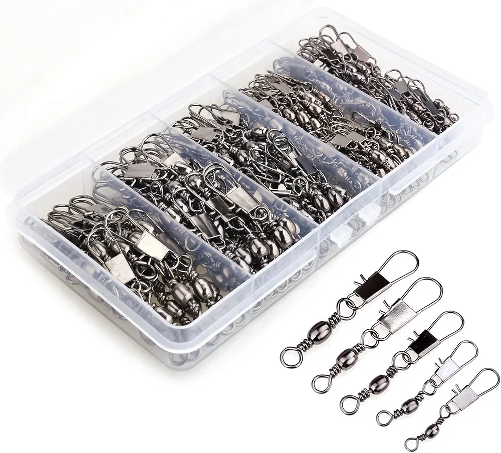 200PCS Barrel Snap Swivel Fishing Accessories, Premium Fishing Gear Equipment with Ball Bearing Swivels Snaps Connector for Quick Connect Fishing Lures