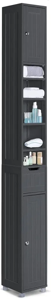 VOUNOT Armario para Baño Alto Mueble Columna de Baño, Estanterías con 2 Puertas y 1 Cajón, Estantes Ajustables Espacio Abierto, Mueble Auxiliar de Almacenaje para Salón Dormitorio, 20x20x180cm, Negro