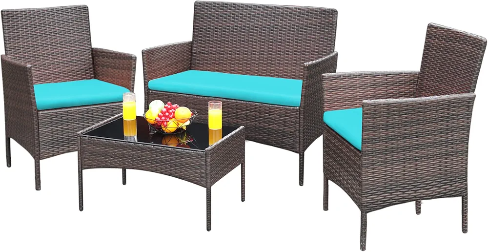 Greesum Patio Furniture 4 Pieces Conversation Sets Outdoor Wicker Rattan Chairs Garden Backyard Balcony Porch Poolside loveseat with Soft Cushion and Glass Table, Brown and Blue