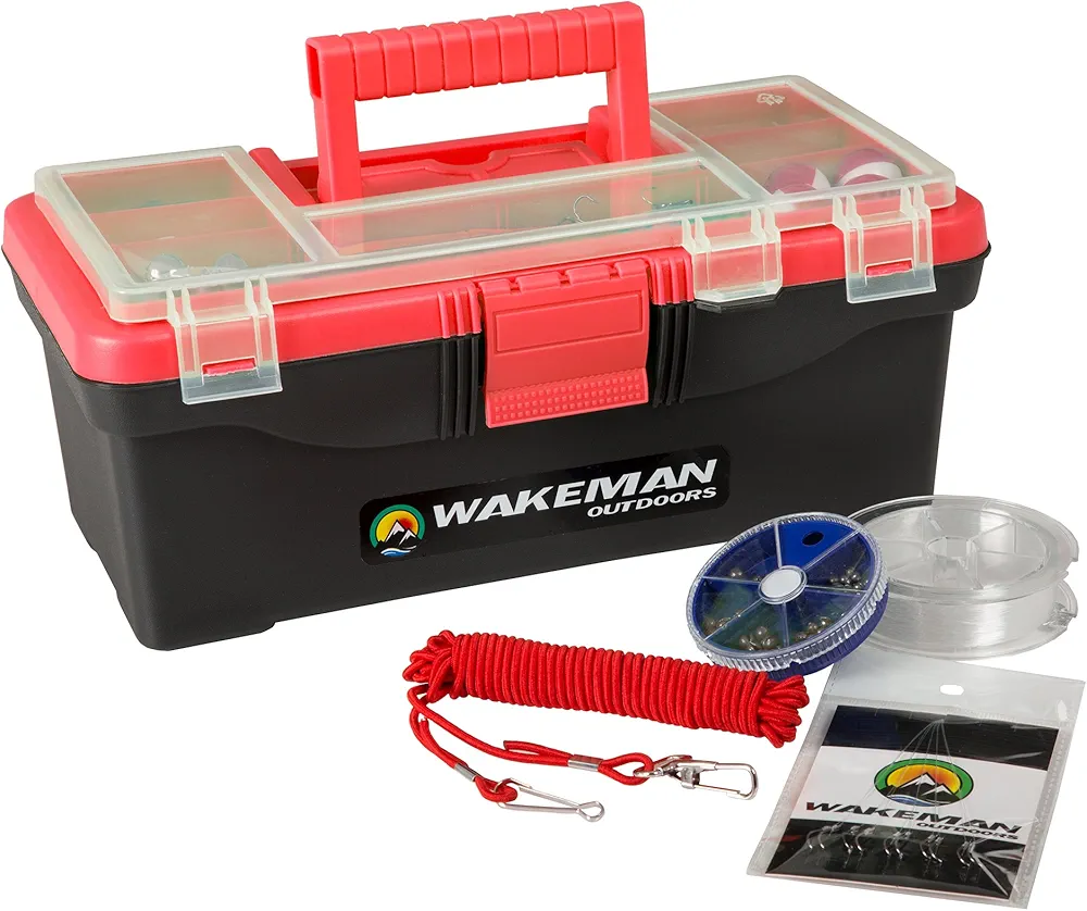 55-Piece Fishing Tackle Set - Tackle Box Includes Sinkers, Hooks, Lures, Bobbers, Swivels, Fishing Line, and More - Fishing Gear by Wakeman (Red)