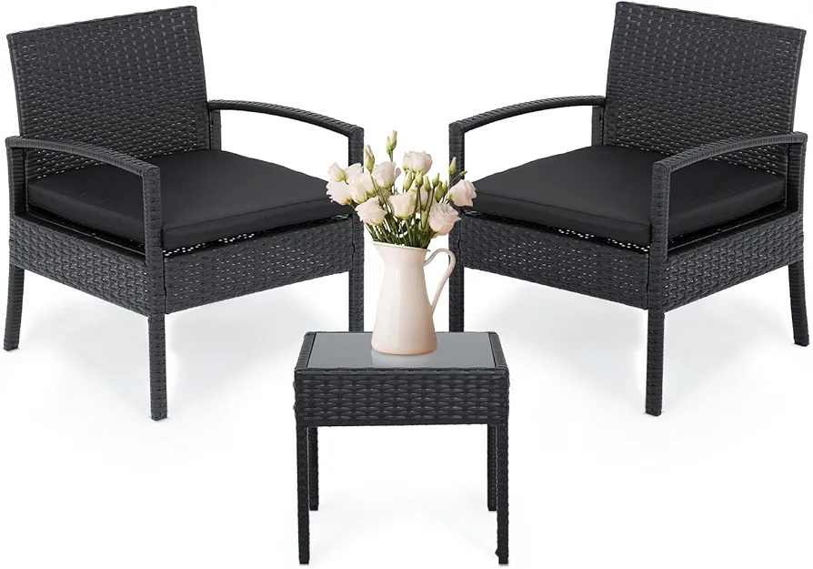 Athena Collection Patio Furniture Set PE Rattan Conversation Set of 3 Outdoor Bistro Table and Chairs Set with Seat Cushion for Garden, Front Porch, Backyard, Black