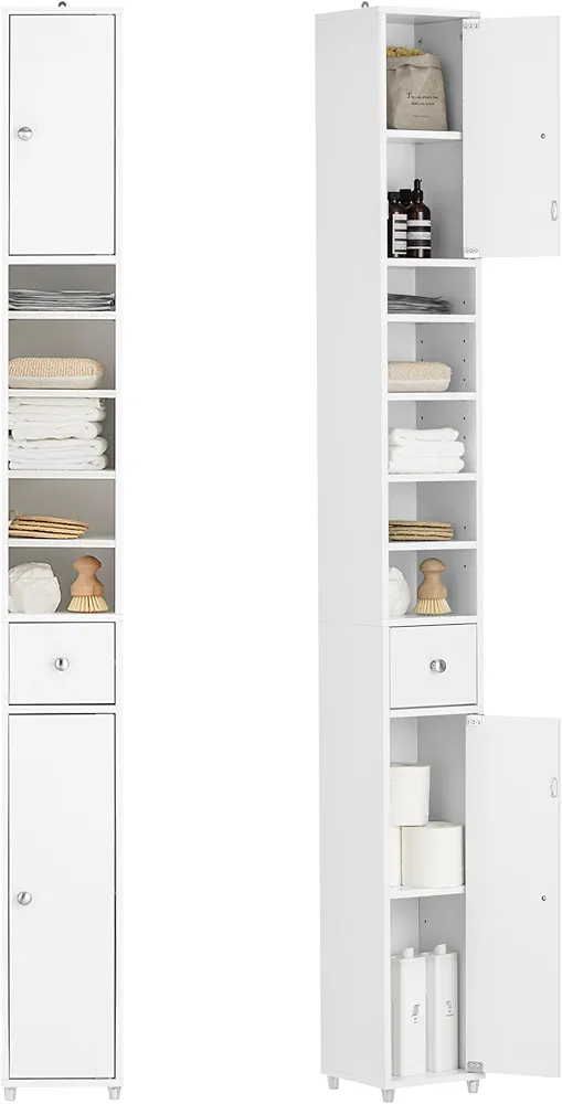 SoBuy Mueble Columna de Baño Armario para Baño Alto Estanterías con 2 Puertas y 1 Cajón Blanco 20 x 20 x 180 cm BZR34-W ES