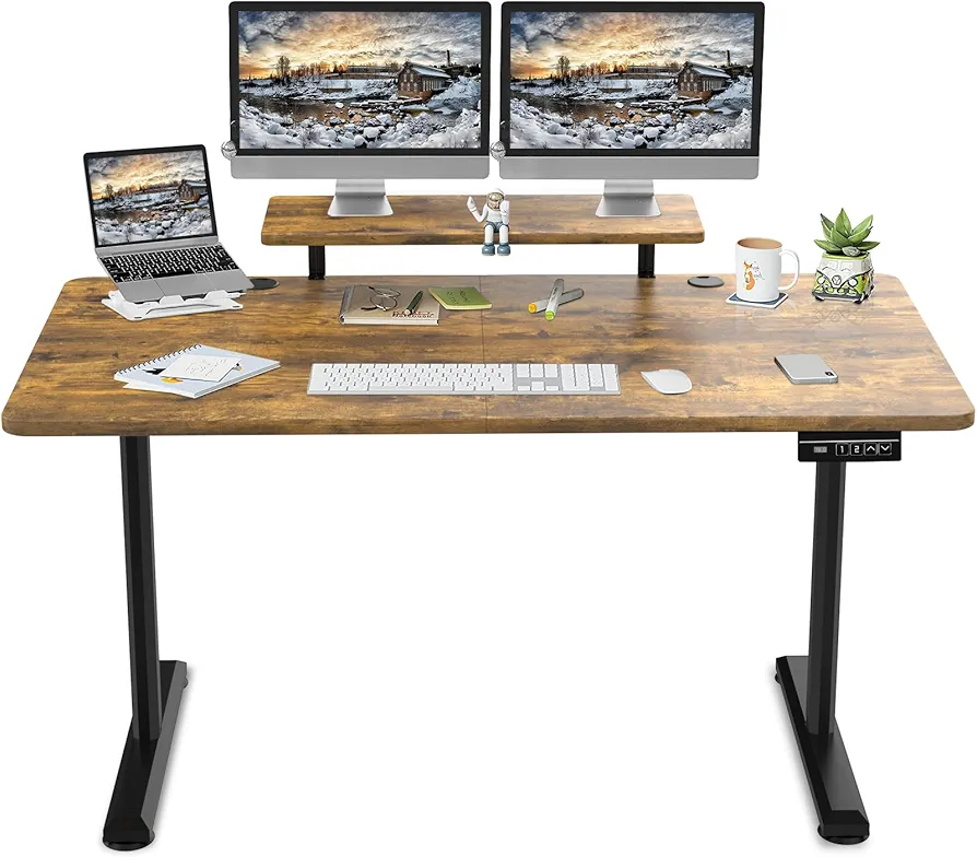 TRIUMPHKEY 160x70cm Escritorio de pie Ajustable en Altura con estantes para Monitor Escritorio de pie eléctrico Ajustable en Altura Estante de Almacenamiento Home Office Tablero de Empalme Marrón