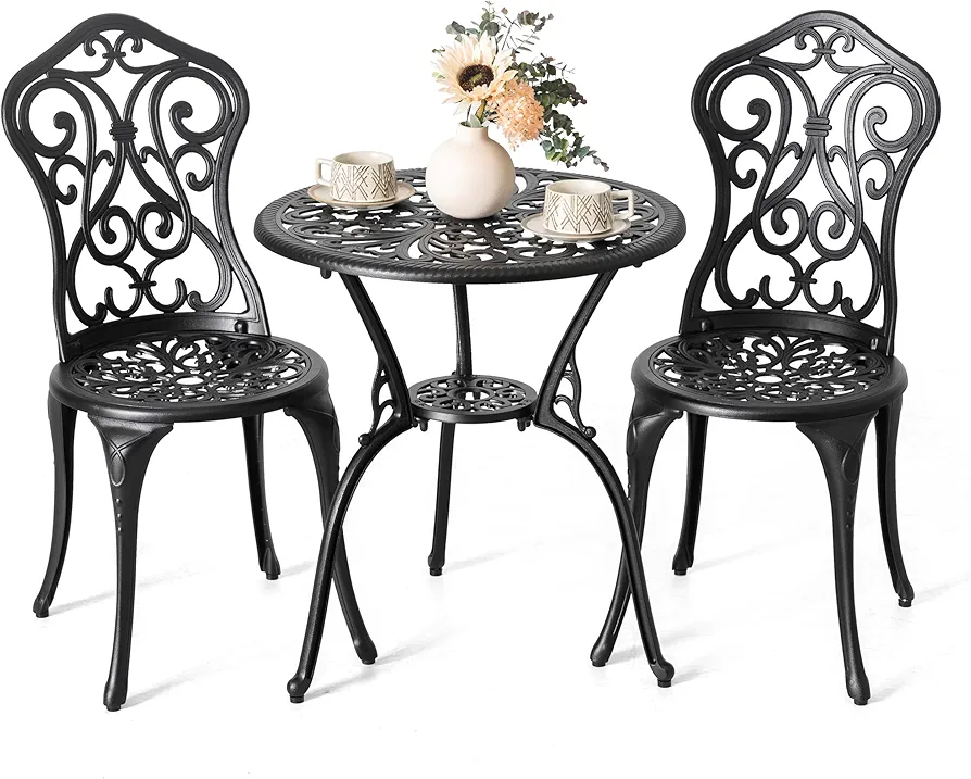 NUU GARDEN 3 Piece Outdoor Bistro Table Set, All Weather Cast Aluminum Patio Bistro Sets Patio Table and Chairs Set of 2 with 1.97" Umbrella Hole for Garden, Yard, Balcony, Black