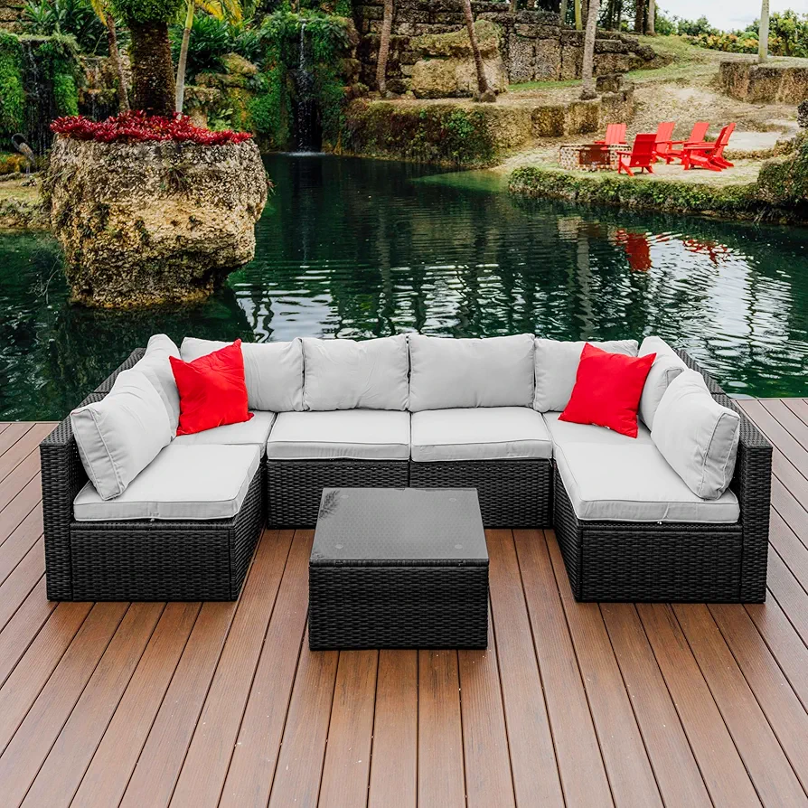 Nestl Patio Furniture Set – Outside Furniture Patio Set, 7 Piece Outdoor Patio Furniture Sets, Patio Conversation Sets with Patio Sectional, Black Wicker Patio Furniture Sets with Off White Cushions