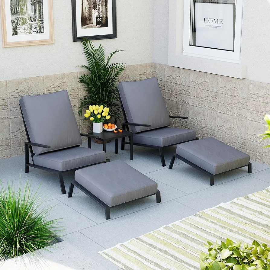 Pamapic 5 Piece Patio Set, All Weather Reclining Outdoor Patio Furniture Set, Powder-Coated Balcony Furniture with Table＆ Ottomans, Removable Cushions Outdoor Furniture Set for Balcony, Porch, Gray