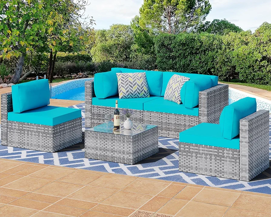 Shintenchi 5 Pieces Outdoor Patio Sectional Sofa Couch, Silver Gray PE Wicker Furniture Conversation Sets with Washable Cushions & Glass Coffee Table for Garden, Poolside, Backyard (Blue)