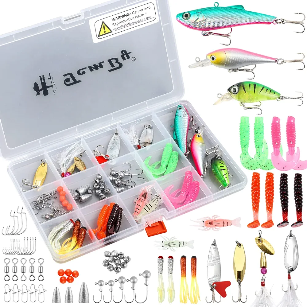 Fishing Lures Bait Tackle Kit Set for Freshwater Trout Bass Fishing, Including Fishing Accessories, Fishing Tackle Box, Crankbait, Spoon, Hooks, Fishing Gear and Equipment for Starter Beginner.