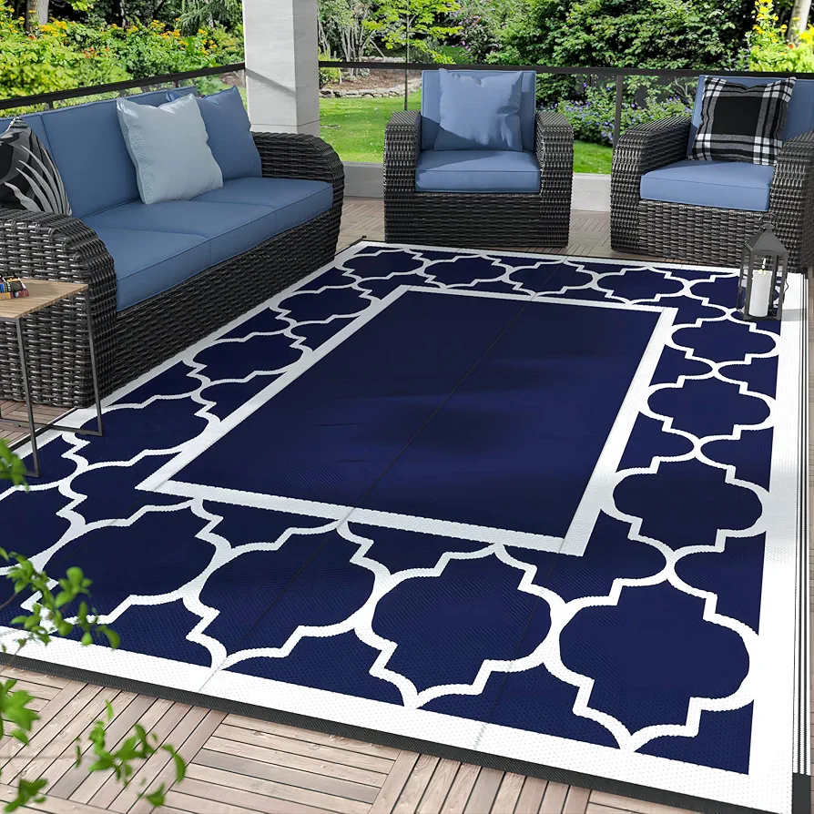 GENIMO 5' x 8' Outdoor Rug Waterproof for Patio Decor, Foldable Reversible Plastic Straw Area Rugs Mat for Camper, Outside Carpet for Rv, Deck, Porch, Picnic, Beach, Balcony, Blue & White