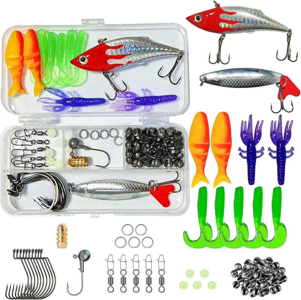 Fishing Lure Kit with Crankbaits, Spinnerbaits, Soft Worms, Jig Heads, Bass Fishing Kit for Bass, Trout, Pike, with Tackle Box, Ideal for Beginners and Gifts, Freshwater and Saltwater Fishing