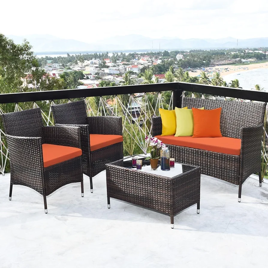 HOMGX 4 Piece Rattan Patio Furniture Set, Sectional Sofa Chair, Wicker Set with Tempered Glass Coffee Table & Thick Cushions, Wicker Patio Set for Garden, Lawn, Poolside, Backyard (Orange)