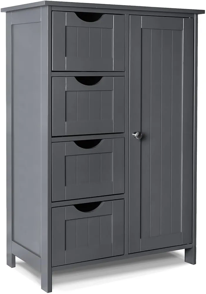 VOUNOT Mueble Baño Armario de Suelo Auxiliar, Cajonera con 4 Cajones Armario con Puerta y Estante Ajustable, Organizador Estante de Almacenamiento para Cocina Salón, 55x30x82cm Gris