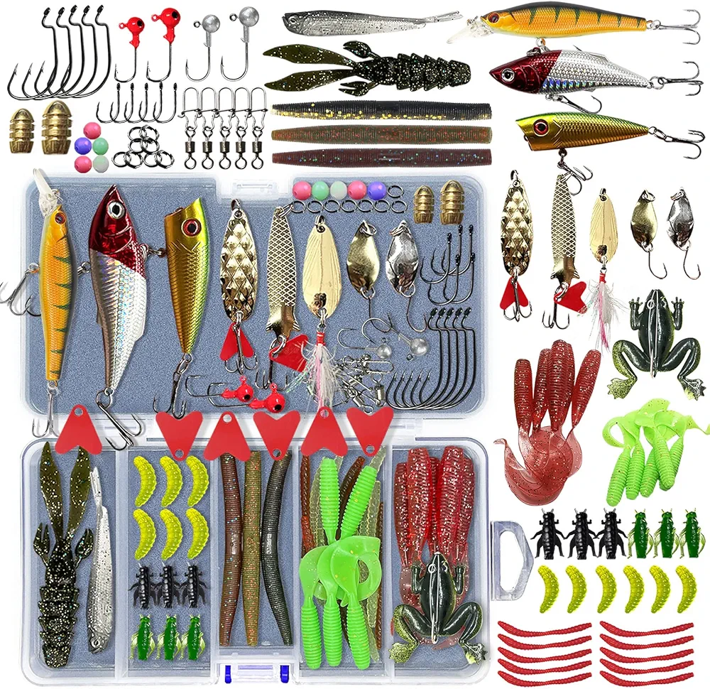 Fishing Lures Kit Set, Baits Tackle Including Crankbaits, Topwater Lures, Spinnerbaits, Worms, Jigs, Hooks, Tackle Box and More Fishing Gear Lures for Bass Trout