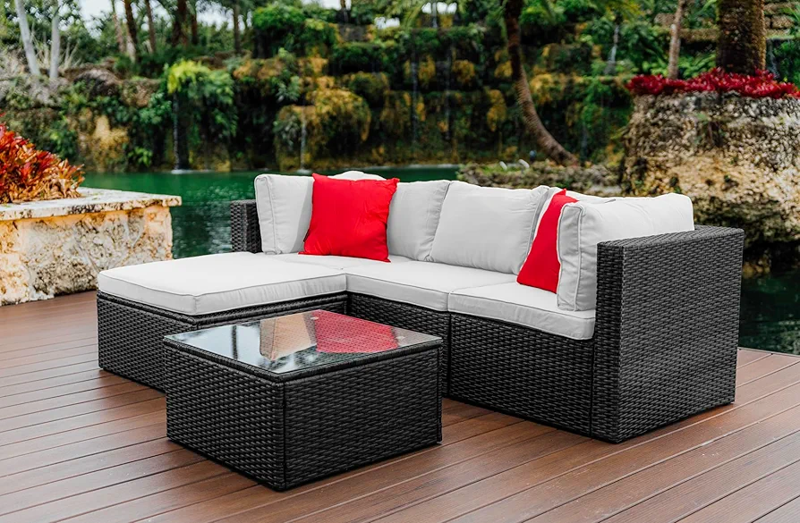 Nestl Outdoor Sectional Patio Furniture Set – 5 Piece Outdoor Patio Furniture Set with Outdoor Couch and Sectional Seating - Black with Off White Cushions