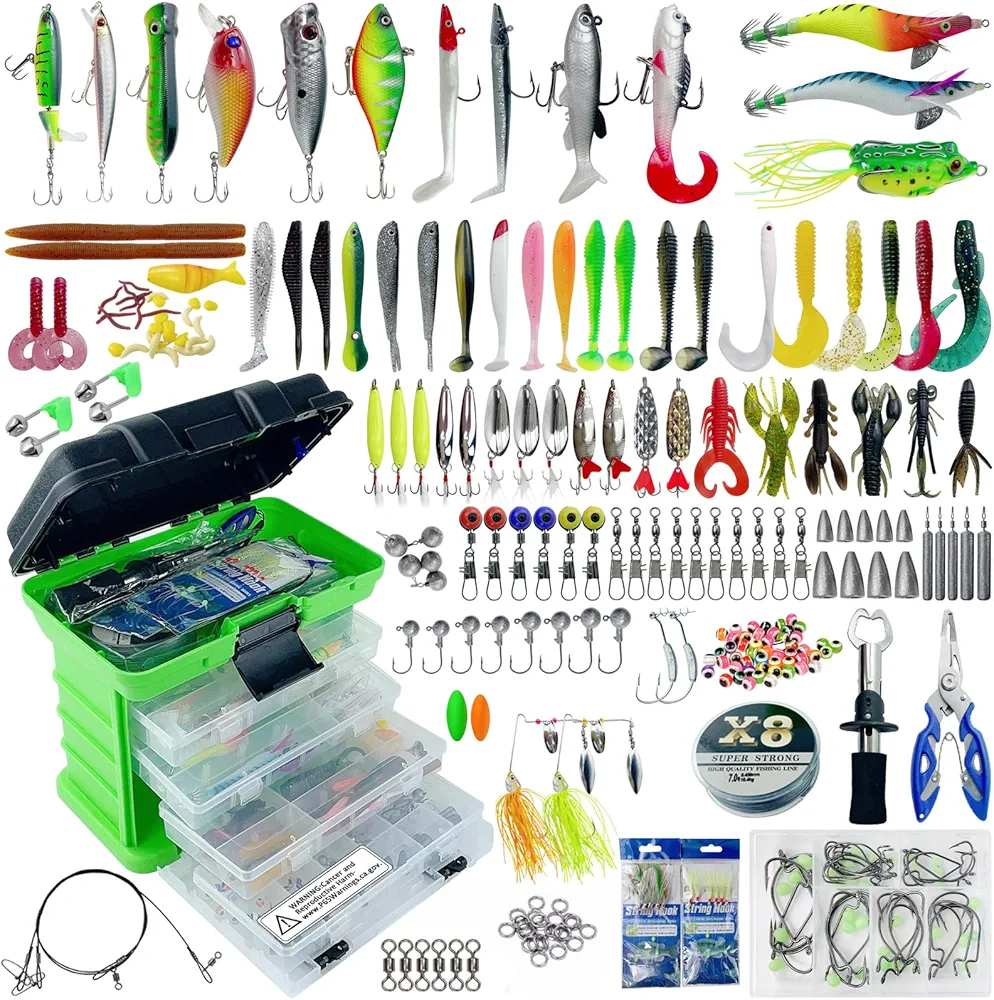 346pcs Fishing Lures Kit with Tackle Box Included Crankbait, Minnow, Spinnerbaits, Spoons, Soft Lures, Jigs, Hooks, Bait Rigs, Weights Sinkers, Topwater Lures Freshwater Saltwater