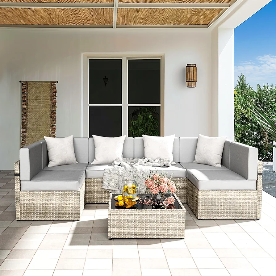 Pamapic Outdoor Sectional Furniture for 6,Wicker Patio Furniture,All-Weather Gray PE Rattan Sectional Sofa, Conversation Set with Washable Cushions Covers and Coffee Table for Garden Poolside