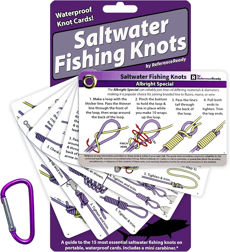 Saltwater Fishing Knot Cards - Waterproof Pocket Guide to 15 Big Game Fishing Knots | Includes Portable Book of Inshore and Deep Sea Fishing Knots and a Mini Carabiner