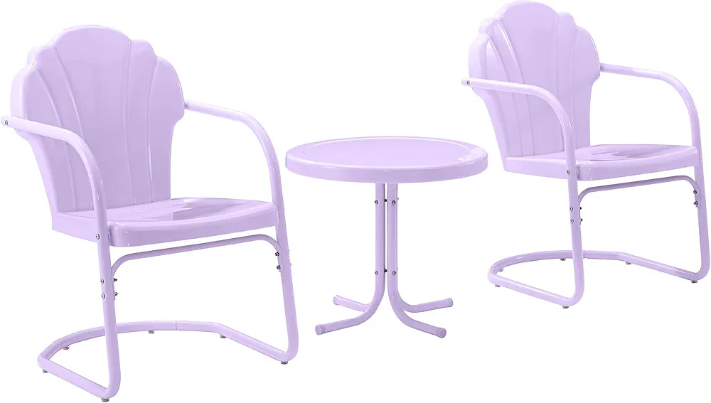 Crosley Furniture Tulip 3-Piece Outdoor Chair and Side Table Set, Vintage Retro Metal Patio Conversation Sets, Lavender Gloss