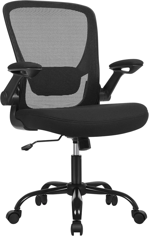 SONGMICS Silla de Oficina, de Escritorio, Giratoria de Malla, de Ordenador Ergonómica, Soporte Lumbar, Oscilante, Asiento 53 cm, Apoyabrazos Abatibles, Negro OBN37BK