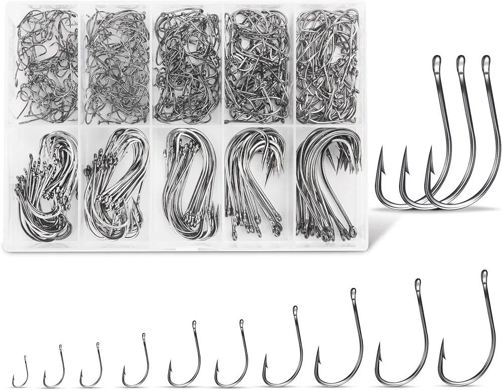 Carbon Steel Fishing Hooks 500Pcs/90Pcs, Circle Hooks Assortment for Saltwater Freshwater Ice Fishing, Salt Water Fish Hooks for Catfish Trout Bass Octopus Multi Size