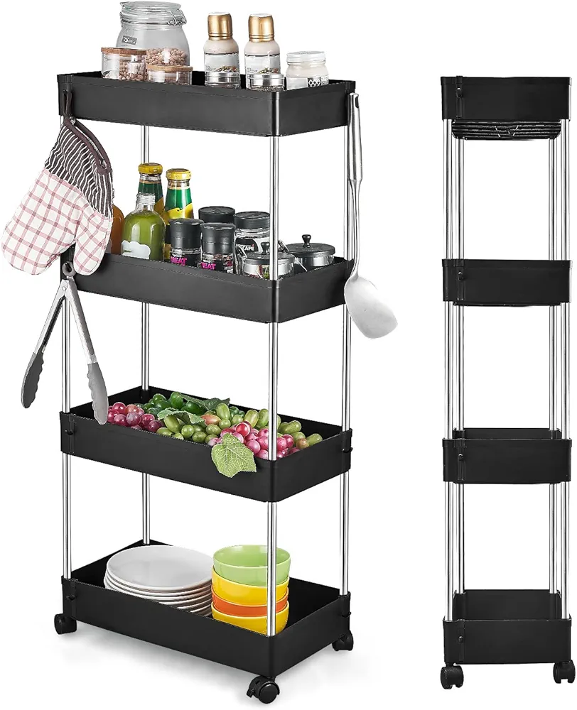 Wopeite Carrito Auxiliar con Ruedas Cocina, Carro de Almacenamiento Rodante de 4 Niveles, Multifuncional Organizador Carrito Cocina para baño, lavadero, Espacio Estrecho, Plástico, 40 x 22 x 86 cm